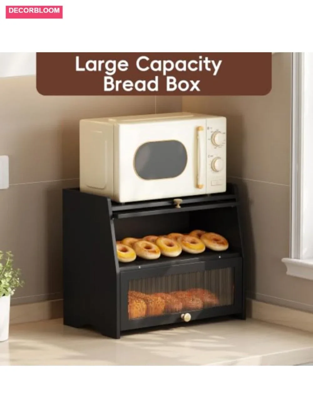 Solid Pine Wood Double Layer Bread Box Flip Top Kitchen Countertop Storage